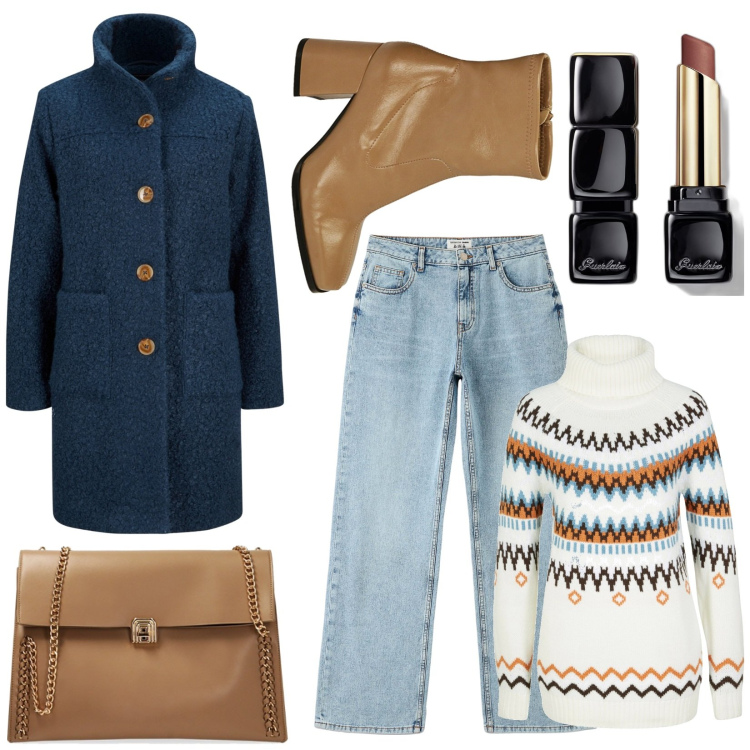 Outfit donna - Casual. Stile Casual per Tutti i giorni. Abbinamento con cappotti, maglieria, rossetti, jeans, borse a spalla, stivaletti.