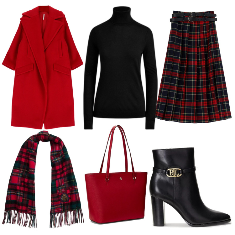 Outfit donna - Scozzese firmato. Stile Preppy per Serata fuori. Abbinamento con cappotti, borse tote, stivaletti, sciarpe, maglieria, gonne longuette.