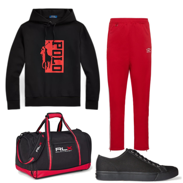 Outfit uomo - Total look #1783199. Stile Casual per Sport. Abbinamento con sneakers, borse sportive, felpe con cappuccio, pantaloni.