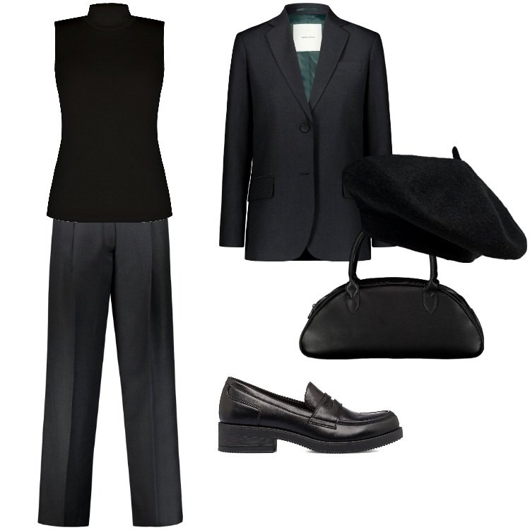 Outfit donna - La Borsa boston - Dicembre. Stile Mannish per Ufficio. Abbinamento con top, mocassini, pantaloni, blazer, borse a spalla, cappelli e berretti.