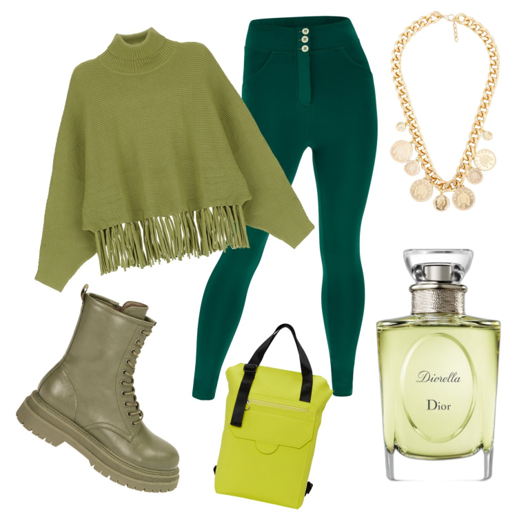 Outfit donna - Gradazioni di verde!. Stile Trendy per Tutti i giorni. Abbinamento con profumi, maglieria, anfibi, pantaloni skinny, collane, zaini.
