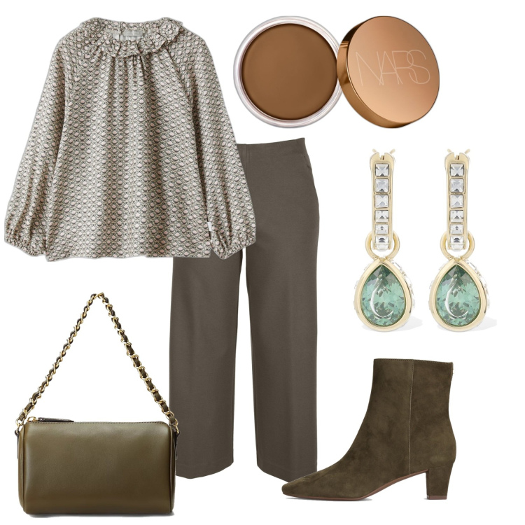 Outfit donna - La blusa bon ton. Stile Bon Ton per Tutti i giorni. Abbinamento con terre, stivaletti, borse a spalla, bluse, orecchini, pantaloni.
