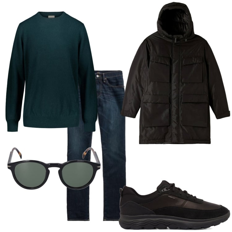 Outfit uomo - Total look #1783258. Stile Urban per Tutti i giorni. Abbinamento con parka, maglieria, jeans skinny, sneakers, occhiali da sole.
