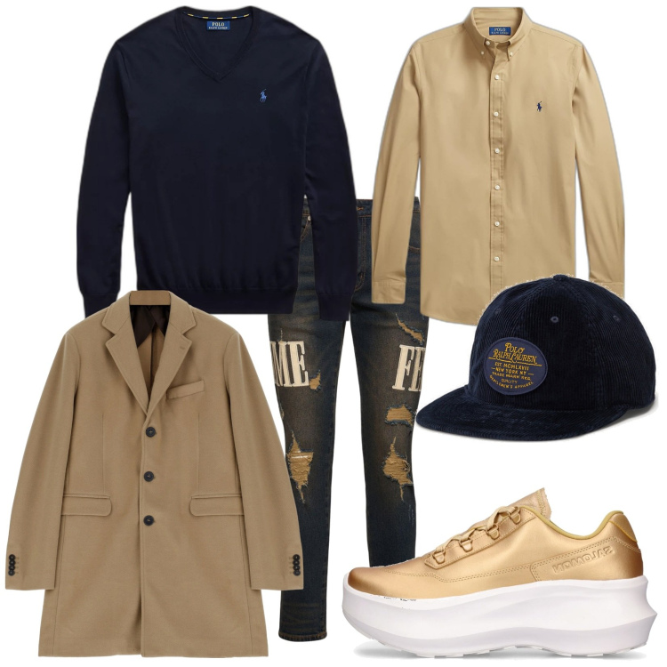 Outfit uomo - Un oro insolito su jeans. Stile Urban per Tutti i giorni. Abbinamento con cappotti, maglieria, cappelli con visiera, camicie, jeans, sneakers.