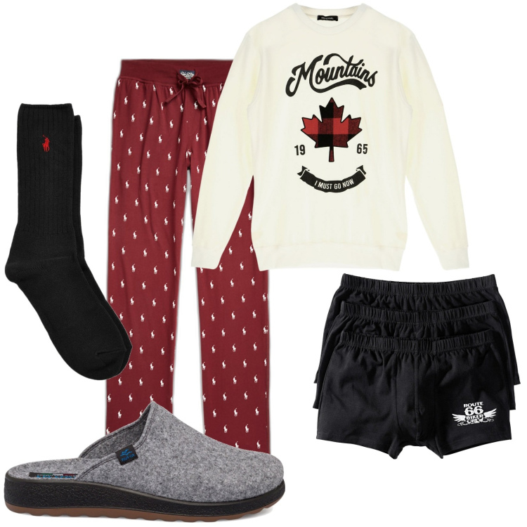 Outfit uomo - Una serata di relax con pizza e film. Stile Casual per Tutti i giorni. Abbinamento con boxer, felpe, calzini, pantaloni, pantofole.