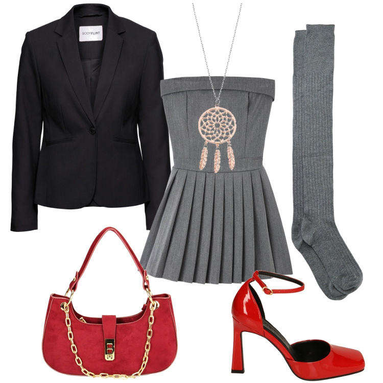 Outfit donna - Tacchi rossi sotto il mini abito. Stile Trendy per Serata fuori. Abbinamento con blazer, vestiti corti, collant, décolleté, borse a spalla, collane.