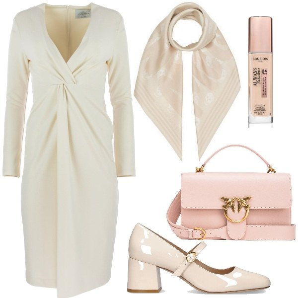 Outfit donna - Romantico rosa chiaro. Stile Romantica per Tutti i giorni. Abbinamento con fondotinta, borse a tracolla, vestiti midi/longuette, foulard, décolleté.
