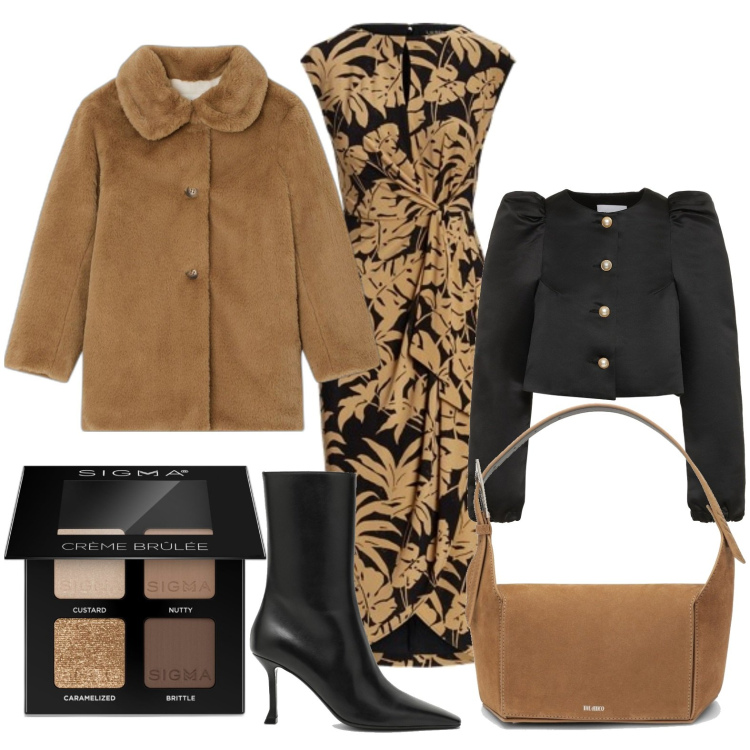 Outfit donna - Raffinata eleganza. Stile Chic per Serata fuori. Abbinamento con ombretti, vestiti, cappotti, borse a spalla, giacche, stivaletti.