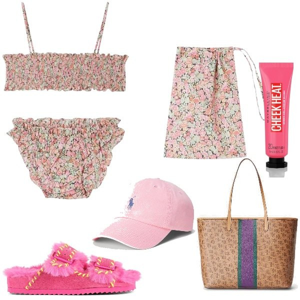 Outfit donna - Vacanze al caldo. Stile Glamour per Mare. Abbinamento con blush, cappelli, borse tote, ciabatte, bikini.