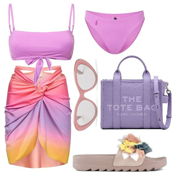 Outfit donna - Natale al caldo. Stile Basic per Mare. Abbinamento con ciabatte, bikini, occhiali da sole, shopping bag, vestiti da spiaggia, bikini.