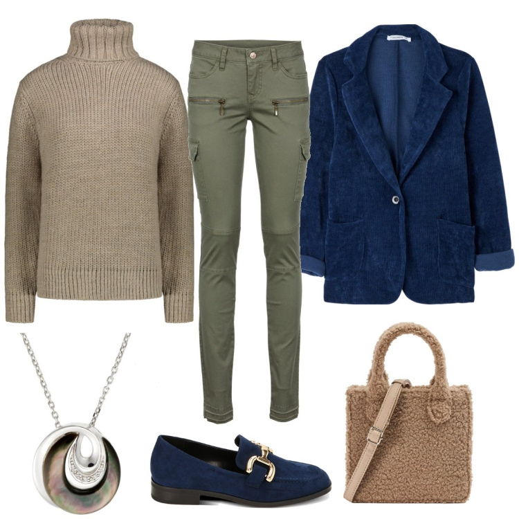 Outfit donna - Total look #1783304. Stile Casual per Tutti i giorni. Abbinamento con pantaloni cargo, cappotti, shopping bag, mocassini, collane, maglieria.