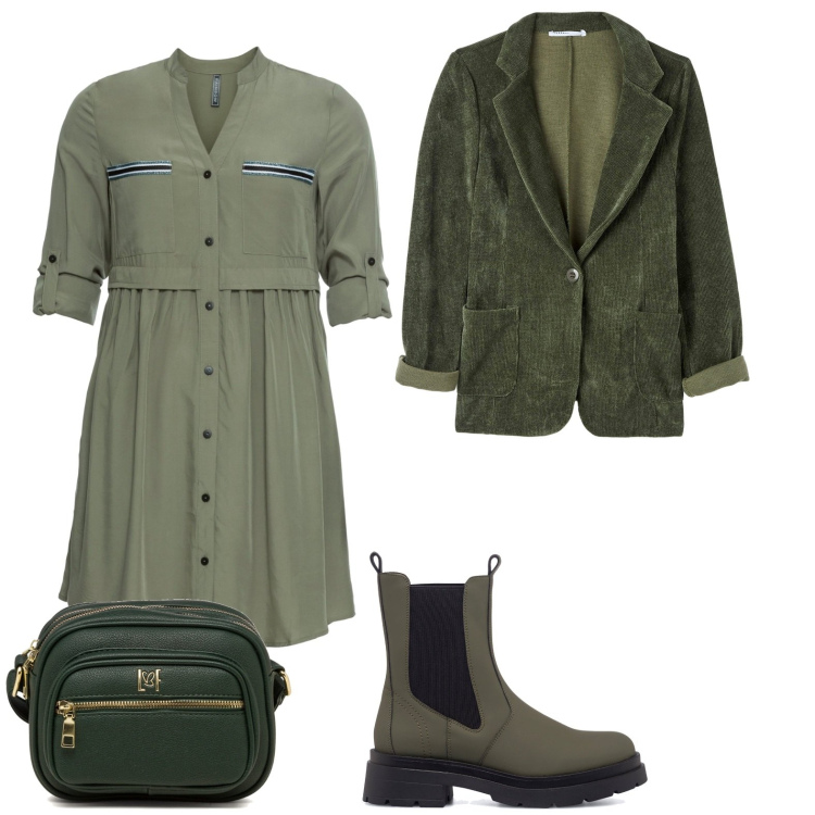 Outfit donna - Verde all over. Stile Casual chic per Ufficio. Abbinamento con vestiti chemisier, cappotti, stivaletti, borse a tracolla.