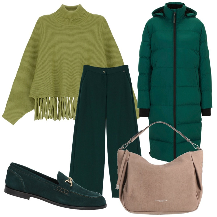 Outfit donna - Benvenuto su WhatsApp bantoa!. Stile Casual per Tutti i giorni. Abbinamento con piumini, mocassini, borse a mano, maglieria, pantaloni a palazzo.