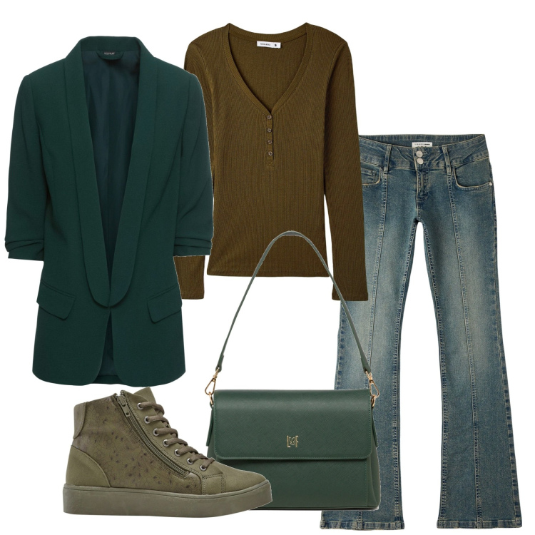 Outfit donna - Giada. Stile Casual per Tutti i giorni. Abbinamento con blazer, sneakers alte, jeans a zampa, maglieria, borse a tracolla.