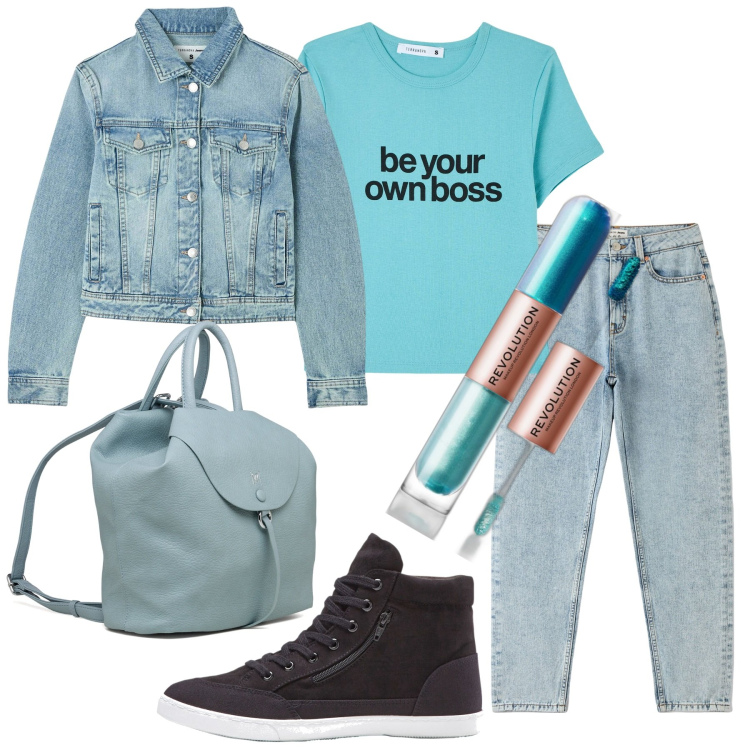 Outfit donna - Urban. Stile Urban per Ufficio. Abbinamento con sneakers alte, ombretti, jeans mom, t-shirt, blazer, zaini.
