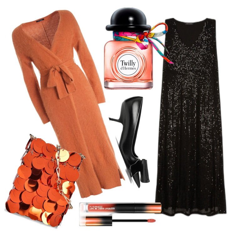 Outfit donna - Vigilia di Natale in arancio&nero. Stile Glamour per Serata fuori. Abbinamento con profumi, rossetti, cardigans, vestiti lunghi, décolleté, borse a spalla.