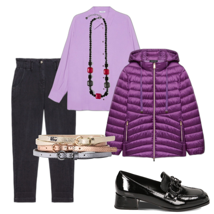 Outfit donna - Natale con stile- curvy. Stile Casual chic per Cerimonia. Abbinamento con cinture, mocassini, jeans, piumini, camicie, collane.