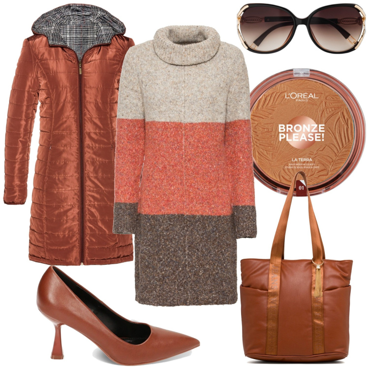 Outfit donna - I colori della terra. Stile Casual chic per Ufficio. Abbinamento con occhiali da sole, blazer, vestiti, terre, décolleté, borse a spalla.