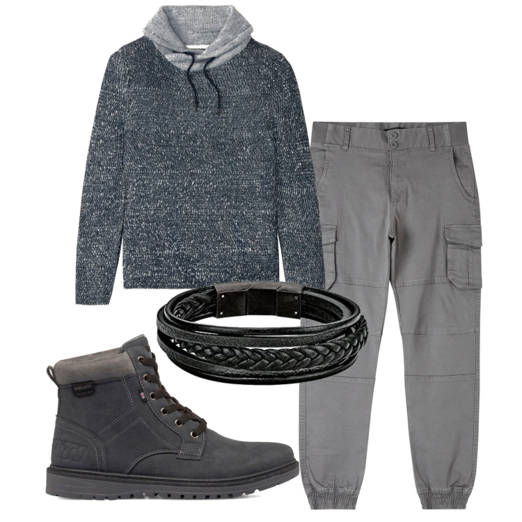 Outfit uomo - Urban col cappuccio. Stile Urban per Tutti i giorni. Abbinamento con maglieria, pantaloni cargo, stivali e stivaletti, braccialetti.
