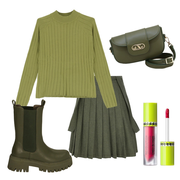 Outfit donna - Pretty girl. Stile Trendy per Tutti i giorni. Abbinamento con minigonne, rossetti, pullovers, stivaletti chelsea, pochette.