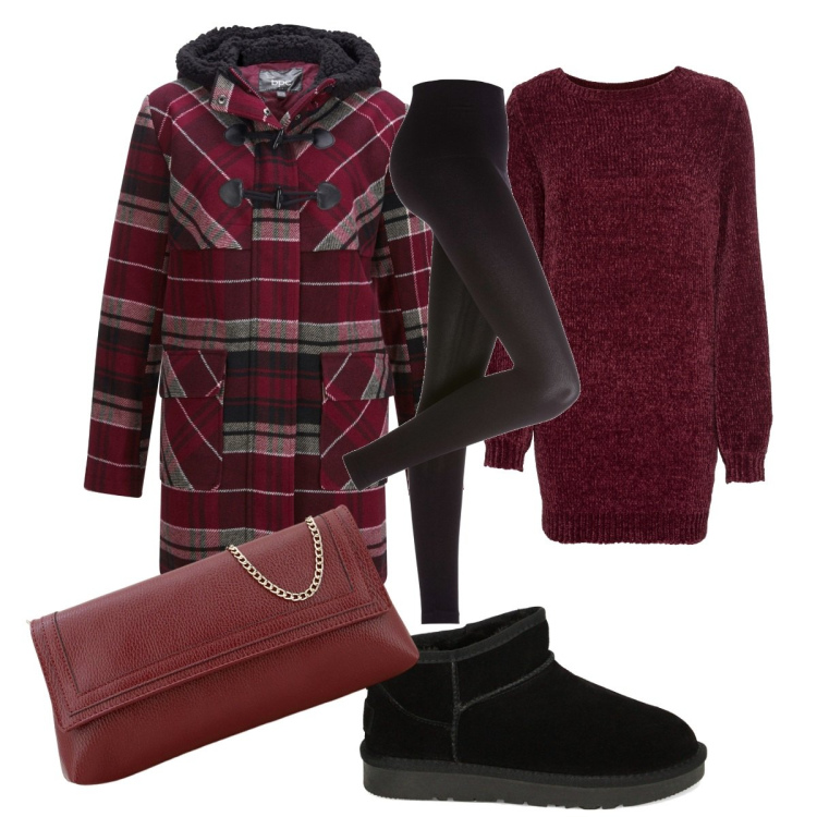 Outfit donna - Fantasia tartan e boots. Stile Trendy per Tutti i giorni. Abbinamento con maglieria, leggings, montgomery, stivaletti, pochette.