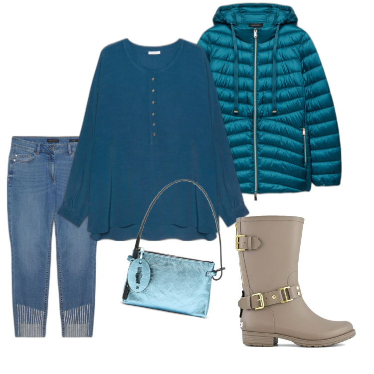 Outfit donna - Blu e crema. Stile Casual per Ufficio. Abbinamento con stivali, bluse, piumini, jeans skinny, borse a mano.