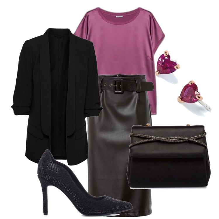 Outfit donna - Longuette di pelle. Stile Glamour per Serata fuori. Abbinamento con blazer, gonne longuette, orecchini, clutch, décolleté, bluse.
