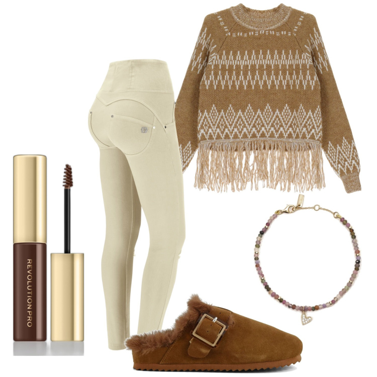 Outfit donna - Casa dolce casa. Stile Casual per Tutti i giorni. Abbinamento con mascara, braccialetti, maglieria, pantaloni skinny, sabot.