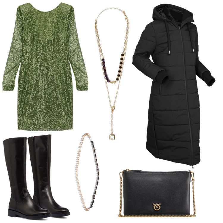 Outfit donna - Si va a ballare. Stile Casual per Serata fuori. Abbinamento con blazer, borse a tracolla, vestiti corti, stivali sopra il ginocchio, collane, collane.