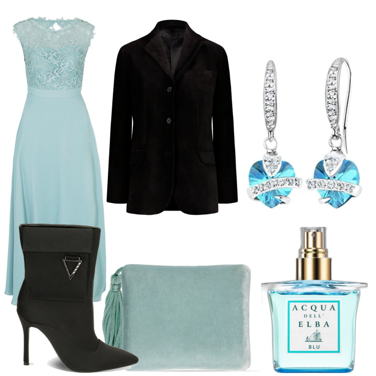 Outfit donna - Light Blue. Stile Glamour per Serata fuori. Abbinamento con vestiti lunghi, profumi, blazer, stivaletti, pochette, orecchini.