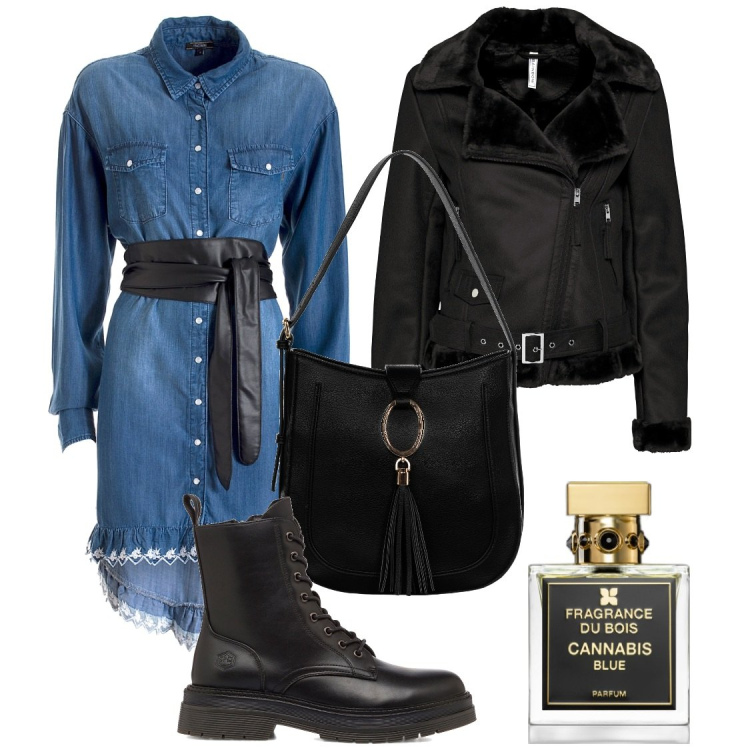 Outfit donna - Cannabis blue. Stile Rock per Serata fuori. Abbinamento con cappotti, profumi, borse a spalla, vestiti chemisier, anfibi.