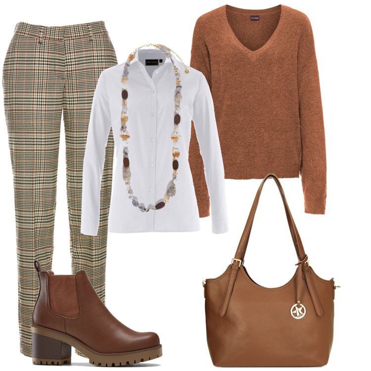 Outfit donna - Tartan un grande classico. Stile Bon Ton per Tutti i giorni. Abbinamento con pantaloni, camicie, stivaletti chelsea, maglieria, borse a spalla, collane.