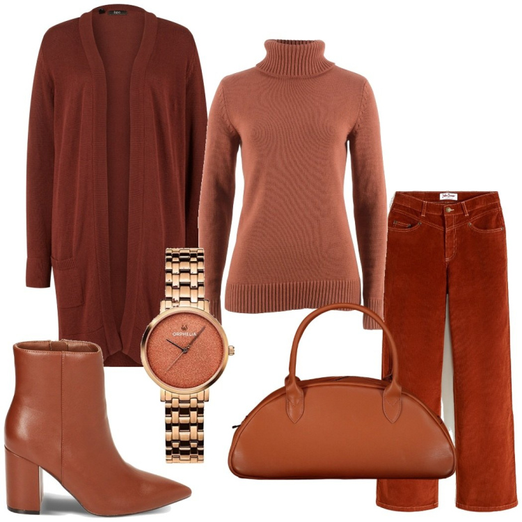 Outfit donna - Colori caldi della terra. Stile Casual chic per Tutti i giorni. Abbinamento con cardigans, pantaloni, maglieria, stivaletti, orologi analogici, borse a spalla.