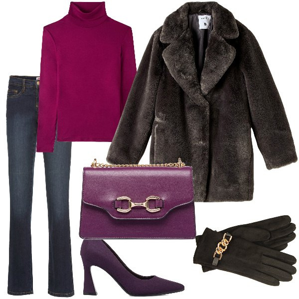 Outfit donna - Total look #1783499. Stile Basic per Tutti i giorni. Abbinamento con jeans bootcut, t-shirt, ecopellicce, guanti, décolleté, borse a tracolla.