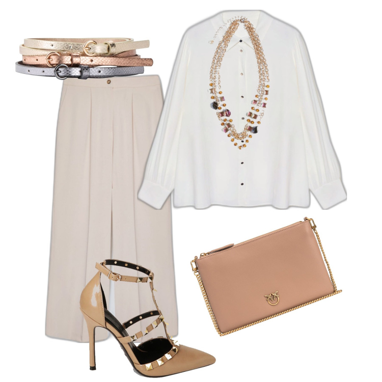 Outfit donna - Natale delicato. Stile Bon Ton per Tutti i giorni. Abbinamento con cinture, borse a tracolla, décolleté, pantaloni a palazzo, camicie, collane.