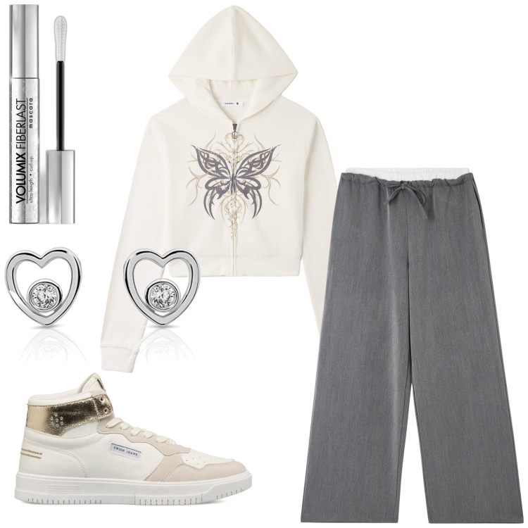 Outfit donna - Urban teen. Stile Urban per Tutti i giorni. Abbinamento con mascara, pantaloni a palazzo, felpe con cappuccio, sneakers alte, orecchini.