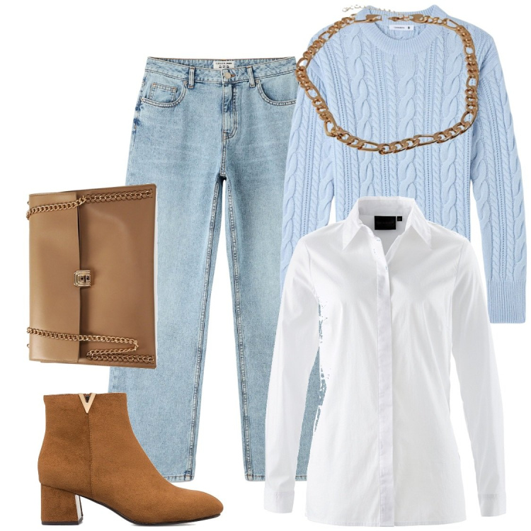 Outfit donna - Total look #1783514. Abbinamento con camicie, maglieria, jeans, borse a spalla, stivaletti, collane.