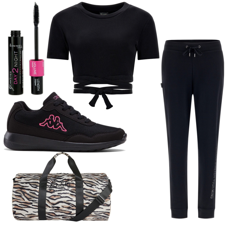 Outfit donna - Trendy sport. Stile Trendy per Sport. Abbinamento con sneakers, mascara, pantaloni, top, borse sportive.