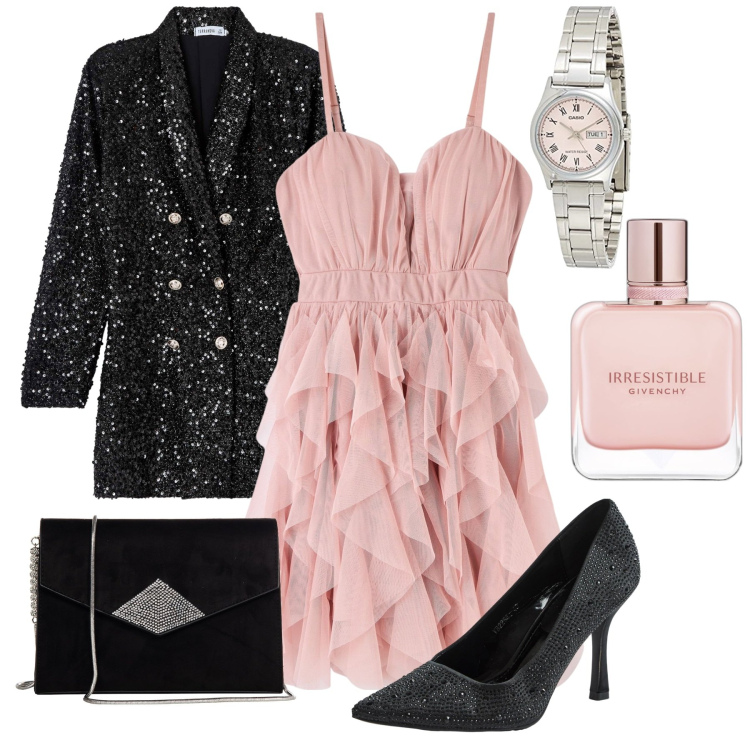 Outfit donna - Tulle rosa cipria. Stile Romantica per Serata fuori. Abbinamento con profumi, cappotti, décolleté, vestiti corti, pochette, orologi.