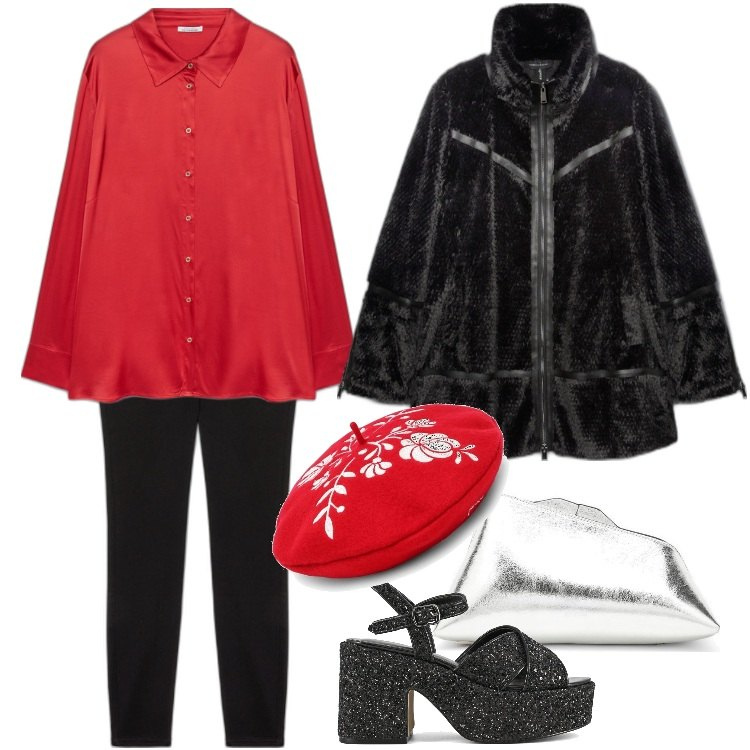 Outfit donna - Il Cappellino con i ricami - Dicembre. Stile Glamour per Serata fuori. Abbinamento con sandali, cappotti, cappelli, camicie, clutch, jeggings.