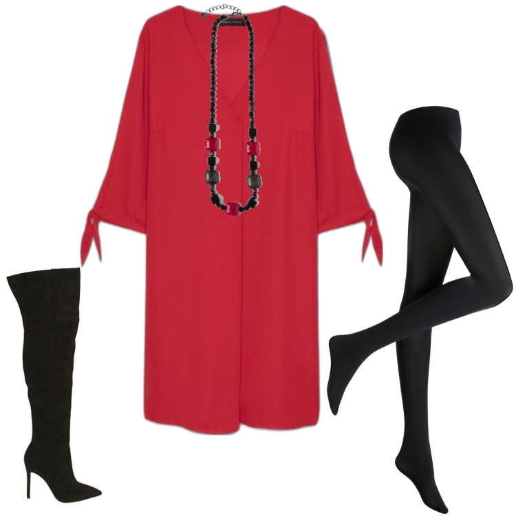 Outfit donna - Il vestito rosso per il pranzo di Natale. Stile Chic per Cerimonia. Abbinamento con collant, stivali, vestiti, collane.