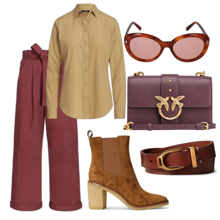 Outfit donna - Marron glacé. Stile Casual chic per Tutti i giorni. Abbinamento con pantaloni, borse a tracolla, braccialetti, stivaletti chelsea, camicie, occhiali da sole.