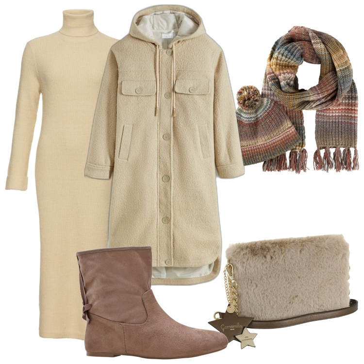 Outfit donna - Assoluta comodità. Stile Casual per Tutti i giorni. look ideale per Tall. Abbinamento con sciarpe, vestiti, stivaletti, cappotti, borse a tracolla.