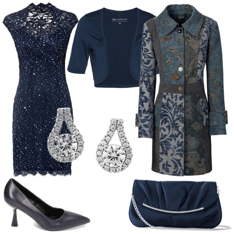 Outfit donna - Come a Venezia capodanno basic. Stile Romantica per Serata fuori. Abbinamento con cappotti, pochette, vestiti, blazer, décolleté, orecchini a perno in sterling 925 argento.