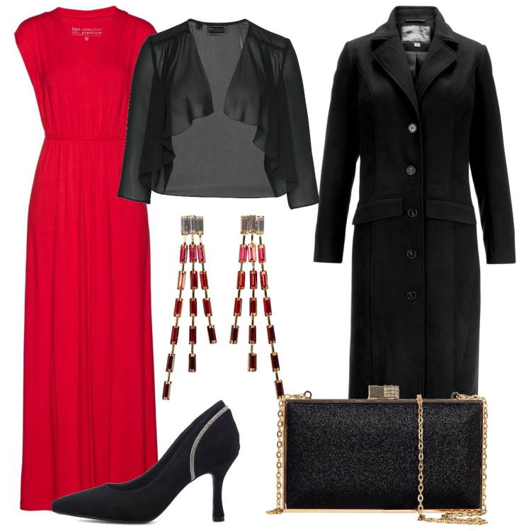 Outfit donna - Capodanno rosso e nero basic. Stile Chic per Serata fuori. Abbinamento con cappotti, bolero, orecchini, vestiti lunghi, clutch, décolleté.