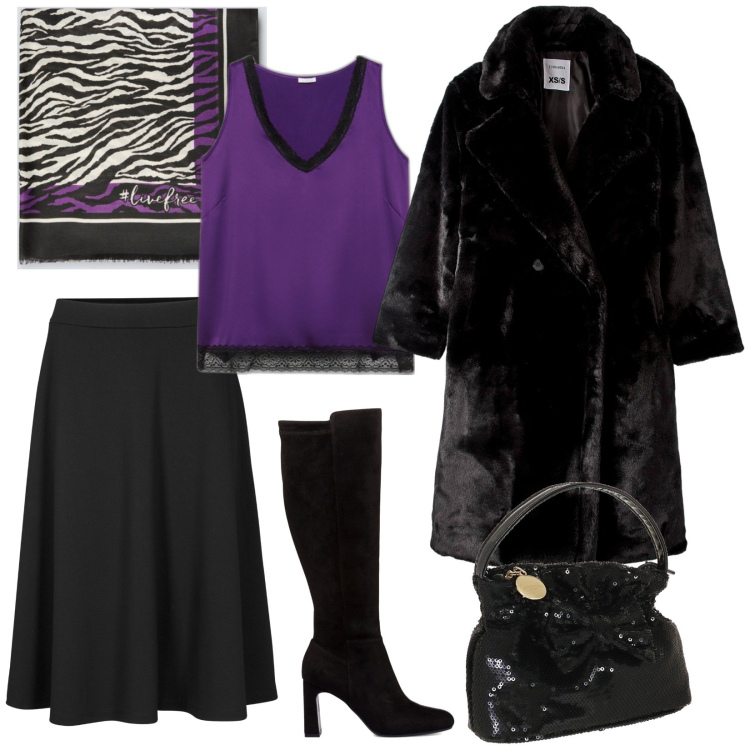Outfit donna - Un invito a cena. Stile Chic per Serata fuori. Abbinamento con gonne longuette, ecopellicce, stivali, valigie, top, sciarpe.