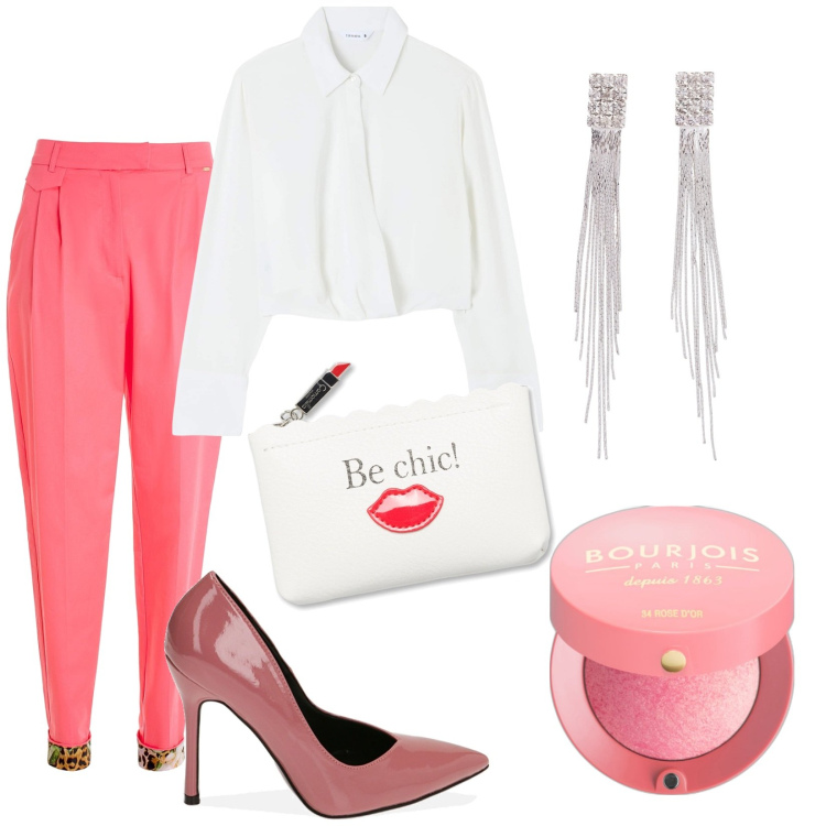 Outfit donna - Be chic. Stile Chic per Serata fuori. Abbinamento con orecchini, blush, bluse, pantaloni, décolleté, portamonete.