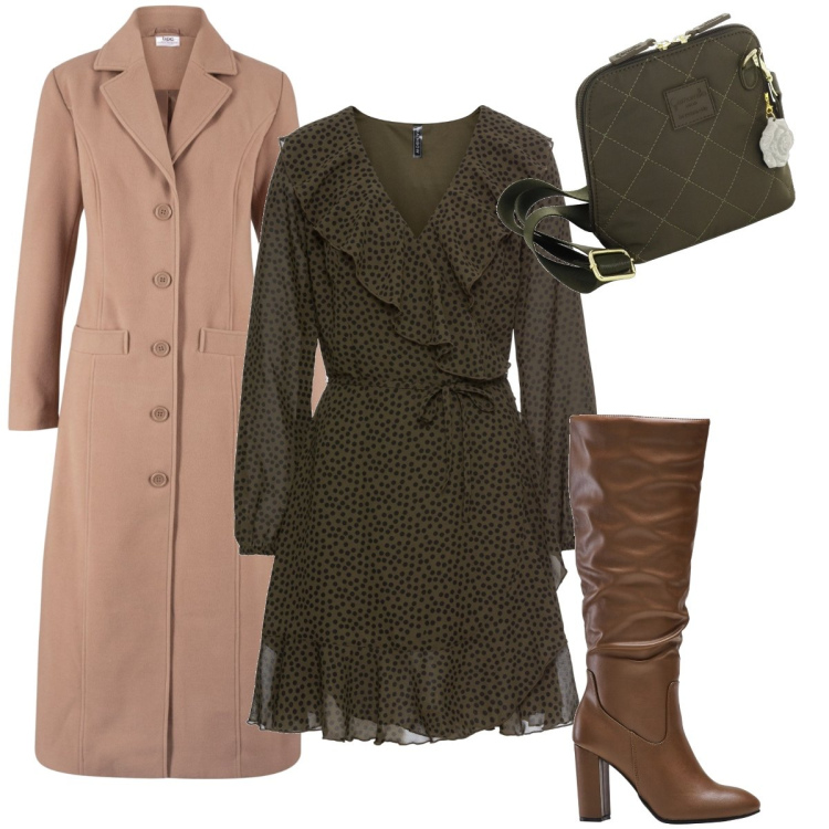 Outfit donna - L’abitino a pois. Stile Romantica per Ufficio. Abbinamento con vestiti, stivali sopra il ginocchio, cappotti, borse a tracolla.