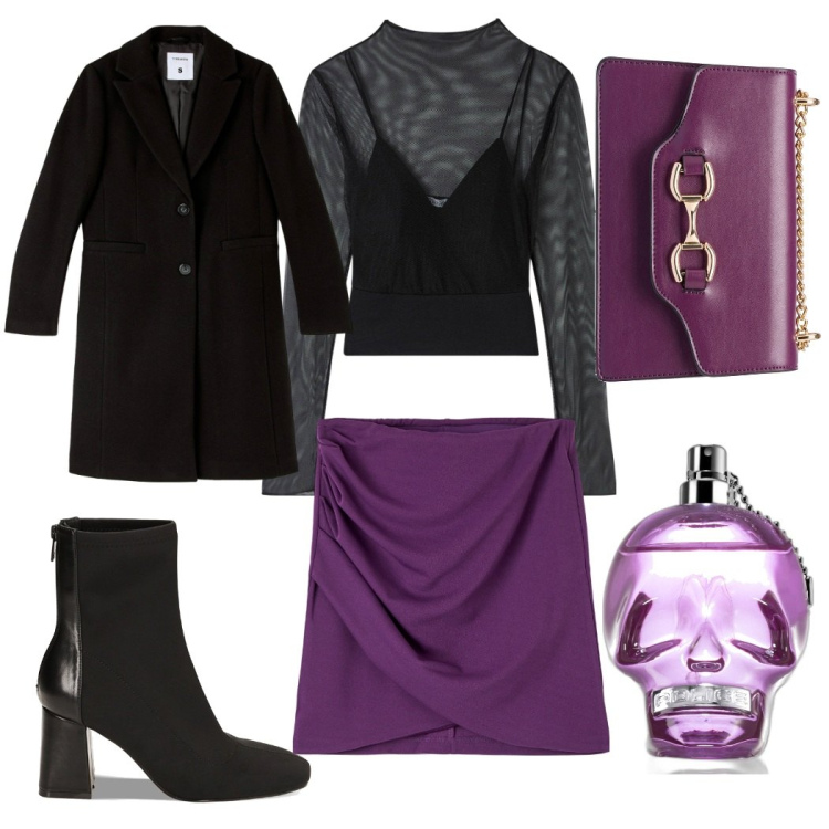 Outfit donna - Sabato sera easy. Stile Casual chic per Serata fuori. look ideale per Tall. Abbinamento con profumi, gonne, t-shirt, cappotti, stivaletti, borse a tracolla.