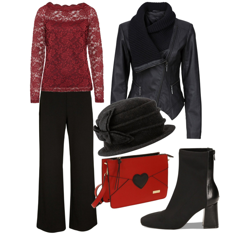 Outfit donna - December. Stile Casual chic per Serata fuori. Abbinamento con maglieria, blazer, pantaloni a palazzo, cappelli, stivaletti, borse a tracolla.